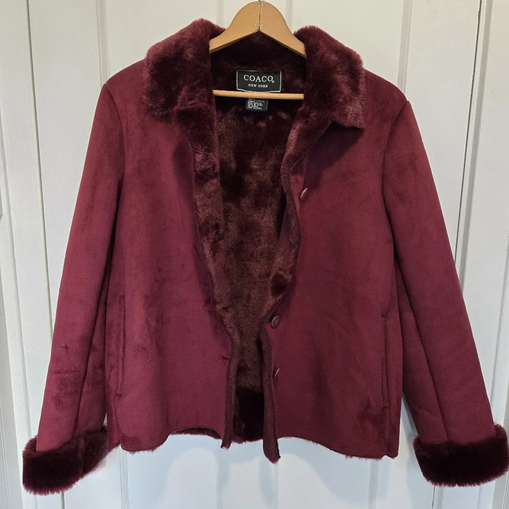 Coaco Women's Burgundy Penny Lane Coat Size S Faux Fur Trim Y2K Bratz Statement